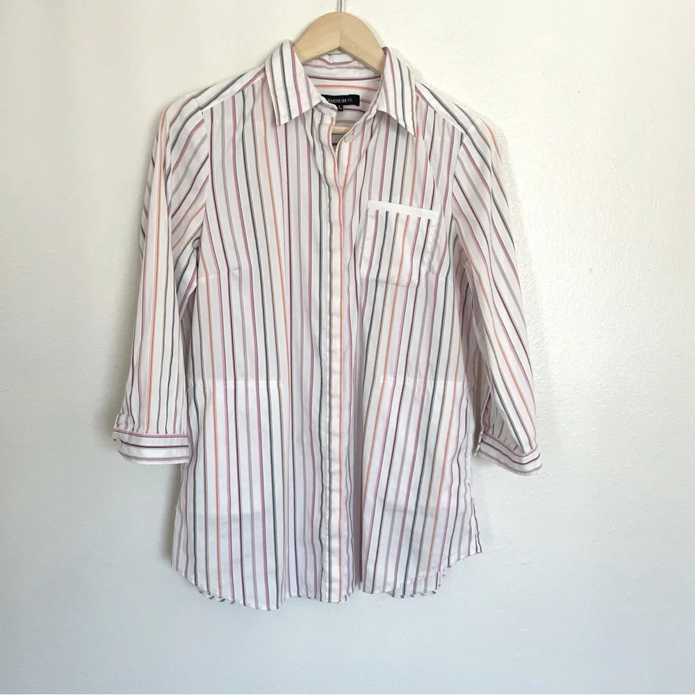 Lafayette 148 Woman’s 3/4 Sleeve Striped Button Down Shirt Sz 6 Office Academia - Picture 1 of 8